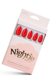 Pack of red press-on nails with 'Nightie Nails' branding on a white background