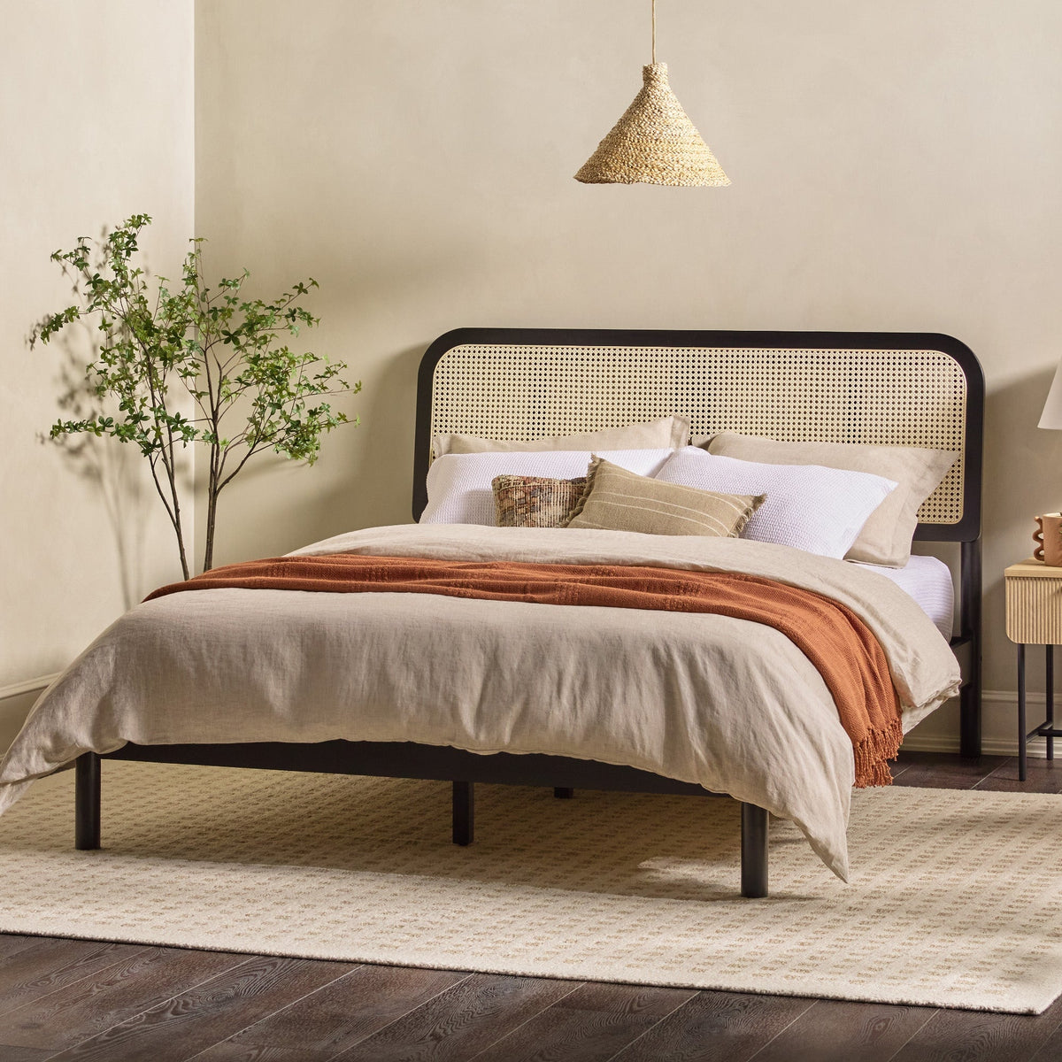 Neru Boho Curved Rattan-Headboard Bed Collection (Queen or King)