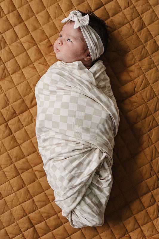 Taupe Checkered Bamboo Head Wrap