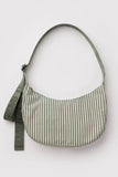 Green and white striped shoulder bag on a light gray background